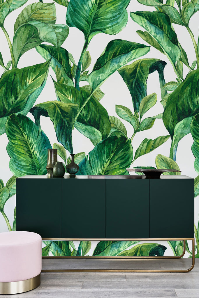 Banana Leaves White Wallpaper - WYNIL by NumerArt Wallpaper and Art